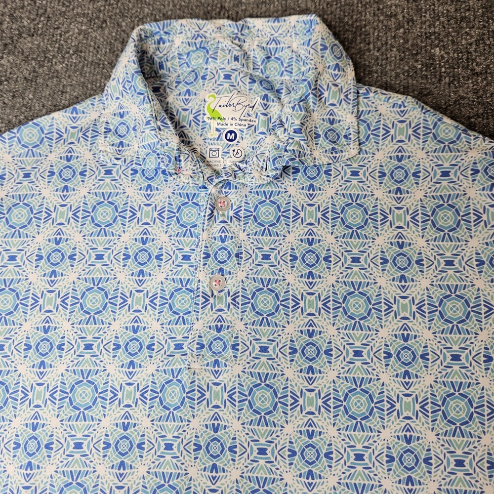 Tailorbyrd Mens‎ Short Sleeve Polo Shirt Size Medium Blue Mosaic Wicking SPF30